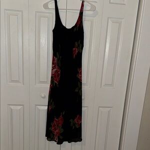 Black Maxi Slip Dress with Red Rose Print